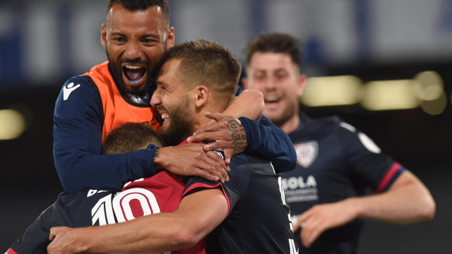 NAPOLI-CAGLIARI 05-05-2019 ESULTANZA DI LEONARDO PAVOLETTI CON JOAO PEDRO. SILPRESS