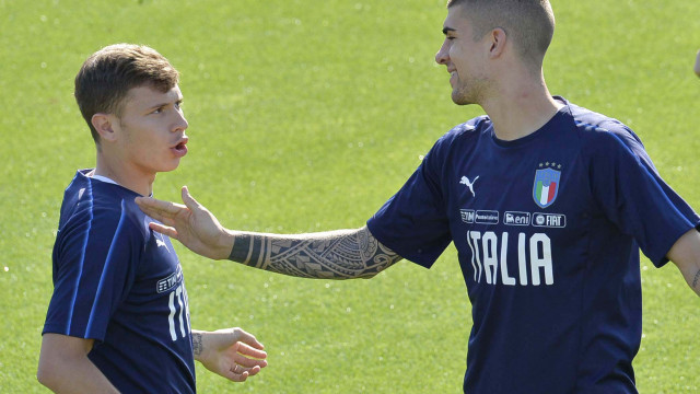 COVERCIANO 03-06-2019 RITIRO DELLA NAZIONALE. NICOLO BARELLA SCHERZA CON GIANLUCA MANCINI. GALASSI SILVANO/SILPRESS
