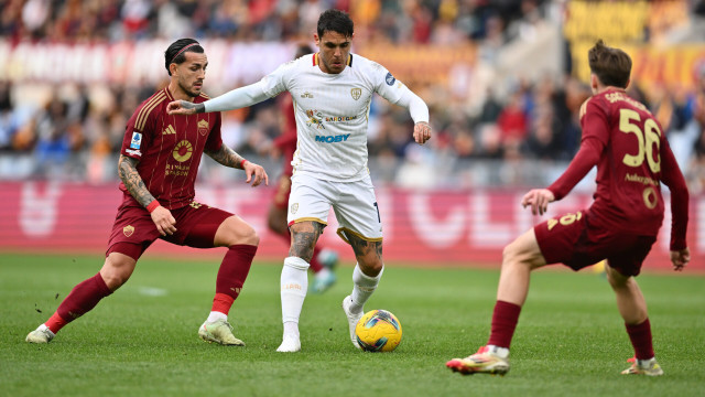 Leandro Paredes of A.S. Roma and Nicolas Viola of Cagliari Calcio are in action during the 29th day of the Serie A Championship between A.S. Roma and Cagliari Calcio at the Olympic Stadium on March 16, 2025 in Rome, Italy.