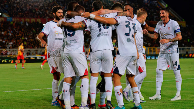 Andrea Belotti of Cagliari Calcio celebrates after scoring a goal with teammates during US Lecce vs Cagliari Calcio, Italian soccer Serie A match in Lecce, Italy, September 19 2025