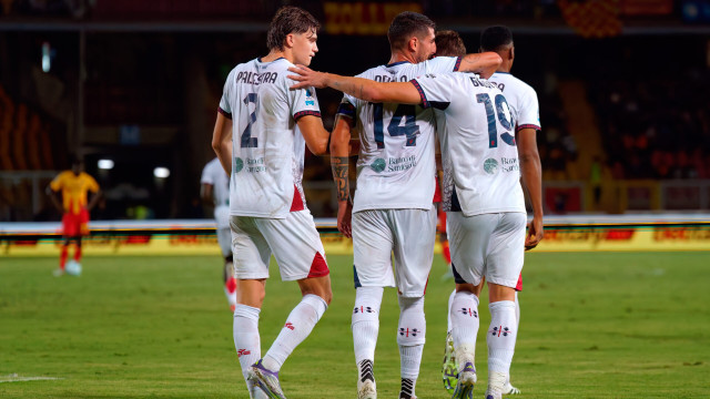 Andrea Belotti of Cagliari Calcio celebrates after scoring a goal with teammates during US Lecce vs Cagliari Calcio, Italian soccer Serie A match in Lecce, Italy, September 19 2025