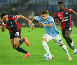 Mattia Zaccagni of SS Lazio under pressure from Gabriele Zappa of Cagliari during the match of 10th day of the Serie A Championship between S.S. Lazio and Cagliari Calcio at the Olimpico Stadium on Nov 3, 2025 in Rome, Italy. during SS Lazio vs Cagliari Calcio, Italian soccer Serie A match in Rome, Italy, November 03 2025