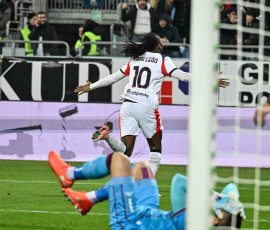 Rafael Leao of AC Milan, Esultanza, Joy, Celebration After scoring goal, during Cagliari Calcio vs AC Milan, Italian soccer Serie A match in Cagliari, Italy, January 02 2026
