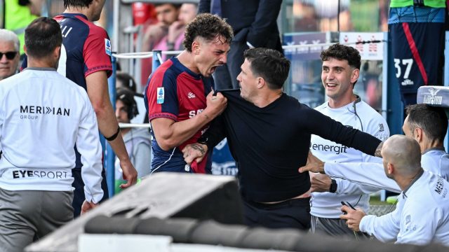 Sebastiano Esposito of Cagliari Calcio, Esultanza, Joy, Celebration After scoring goal, Fabio Pisacane Head Coach of Cagliari Calcio during Cagliari Calcio vs US Cremonese, Italian soccer Serie A match in Cagliari, Italy, April 11 2026