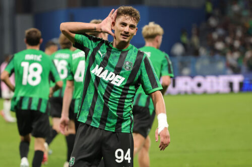 Sebastiano Esposito of US Sassuolo celebrates after scoring goal 1-0 during the match of Italian Serie A Football between US Sassuolo-Juventus FC at the Mapei Stadium on 13 September 2026 in Reggio Emilia, RE.